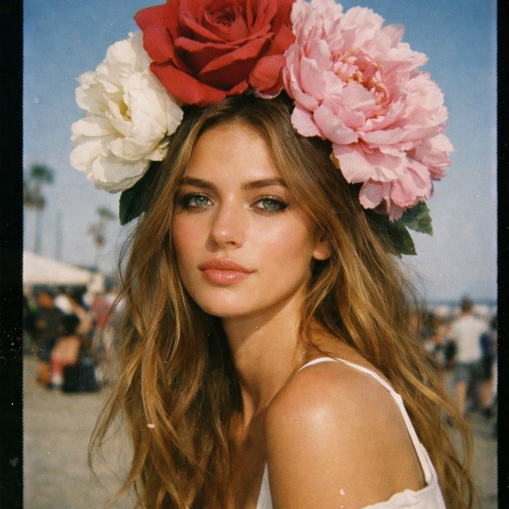 AI Prompt: 8K Fashion Model with Massive Flower Hairband (Disposable Photography Style)