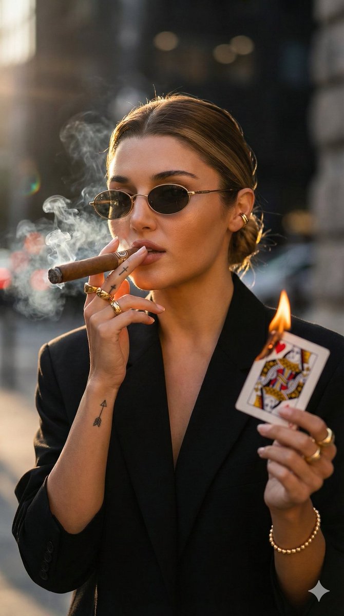 AI Prompt: Edgy Fashion Portrait with Cigar and Playing Card - Golden Hour Halo Effect