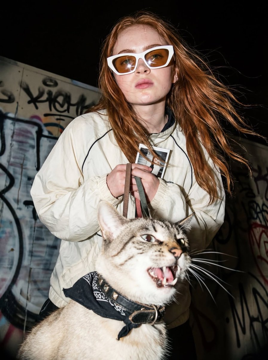 AI Prompt: Edgy Flash Photography Portrait with Cat - Generate Paparazzi-Inspired Fashion Images
