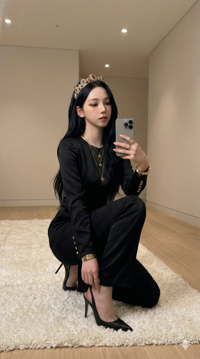 AI Prompt: Fashionable Karina Aespa Portrait with Tiara Mirror Selfie