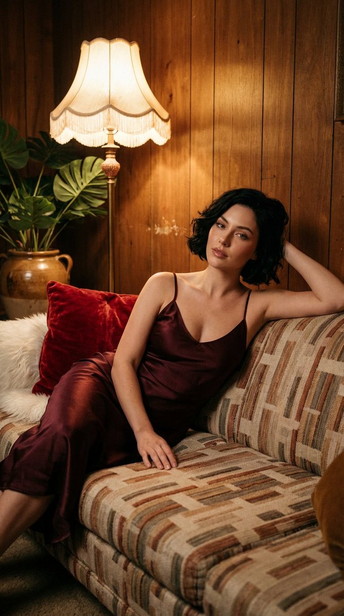 AI Prompt for 1970s Retro Living Room Portrait with Cinematic Vibe