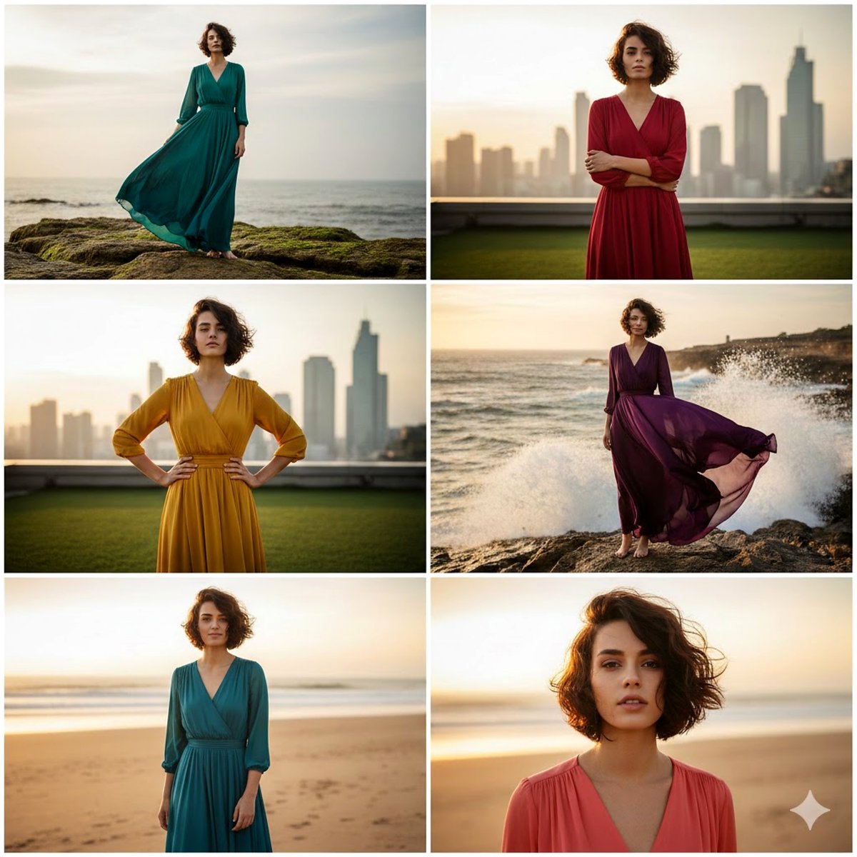 AI Prompt for 3x2 Collage: Ultra-Realistic Woman in Flowing Dresses with Golden Hour Lighting