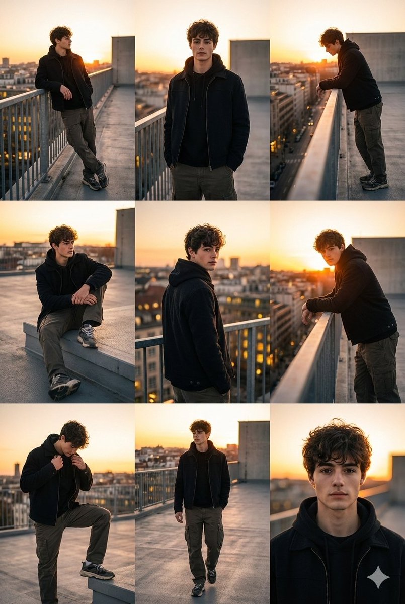 AI Prompt for 3x3 Fashion Collage at Sunset with Young Man