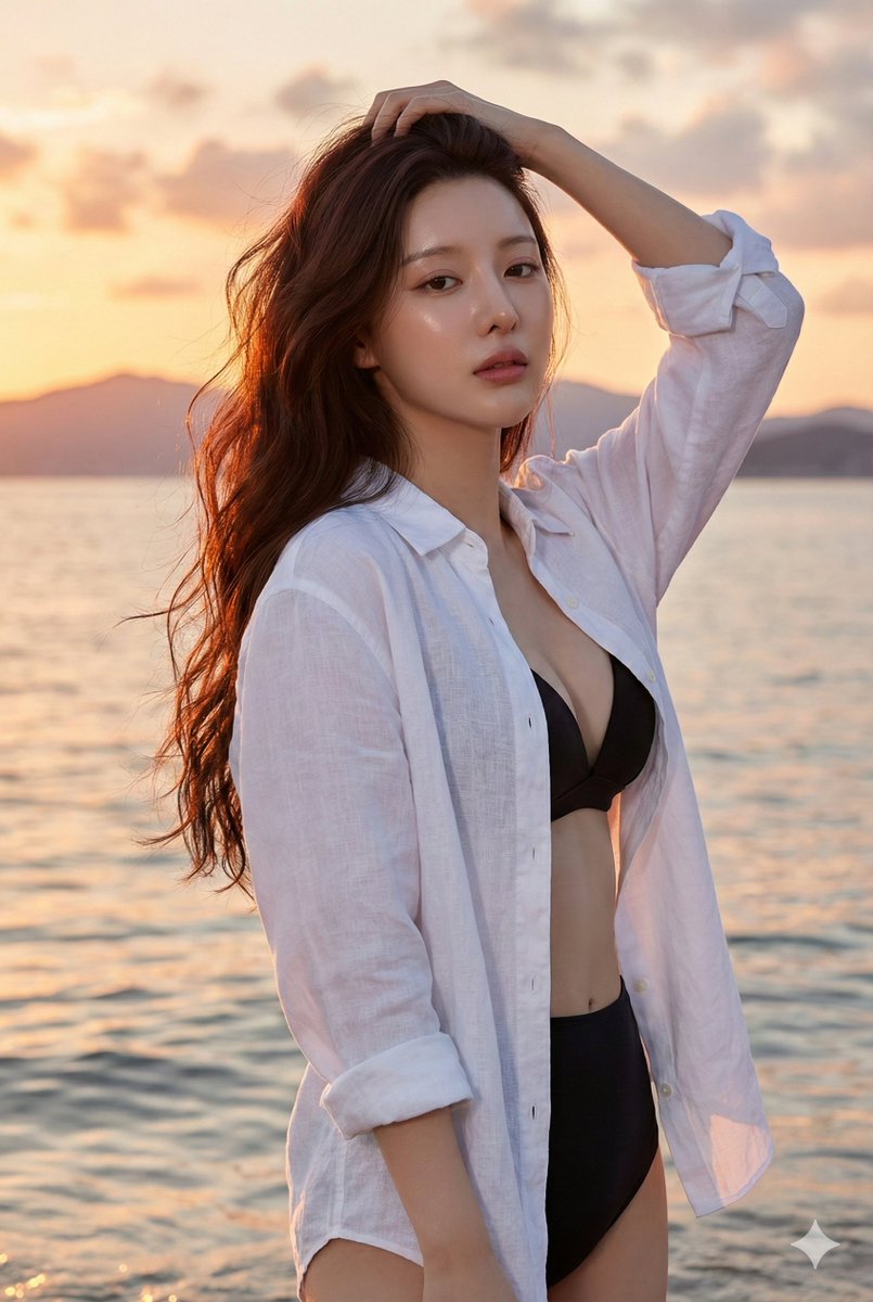 AI Prompt for 8K East Asian Woman Beach Portrait with Glossy Skin and Sunset Lighting