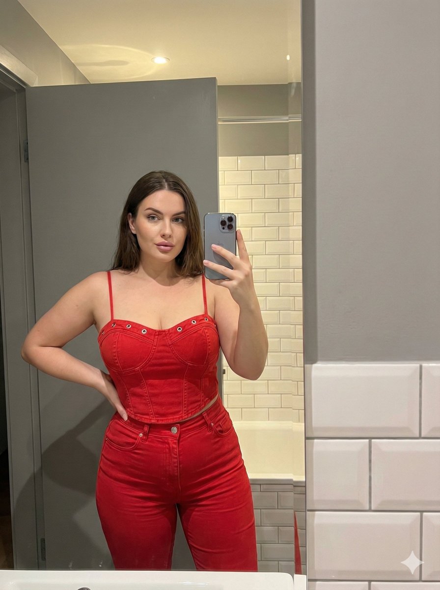 AI Prompt for 8K Mirror Selfie in Red Denim Corset and Jeans