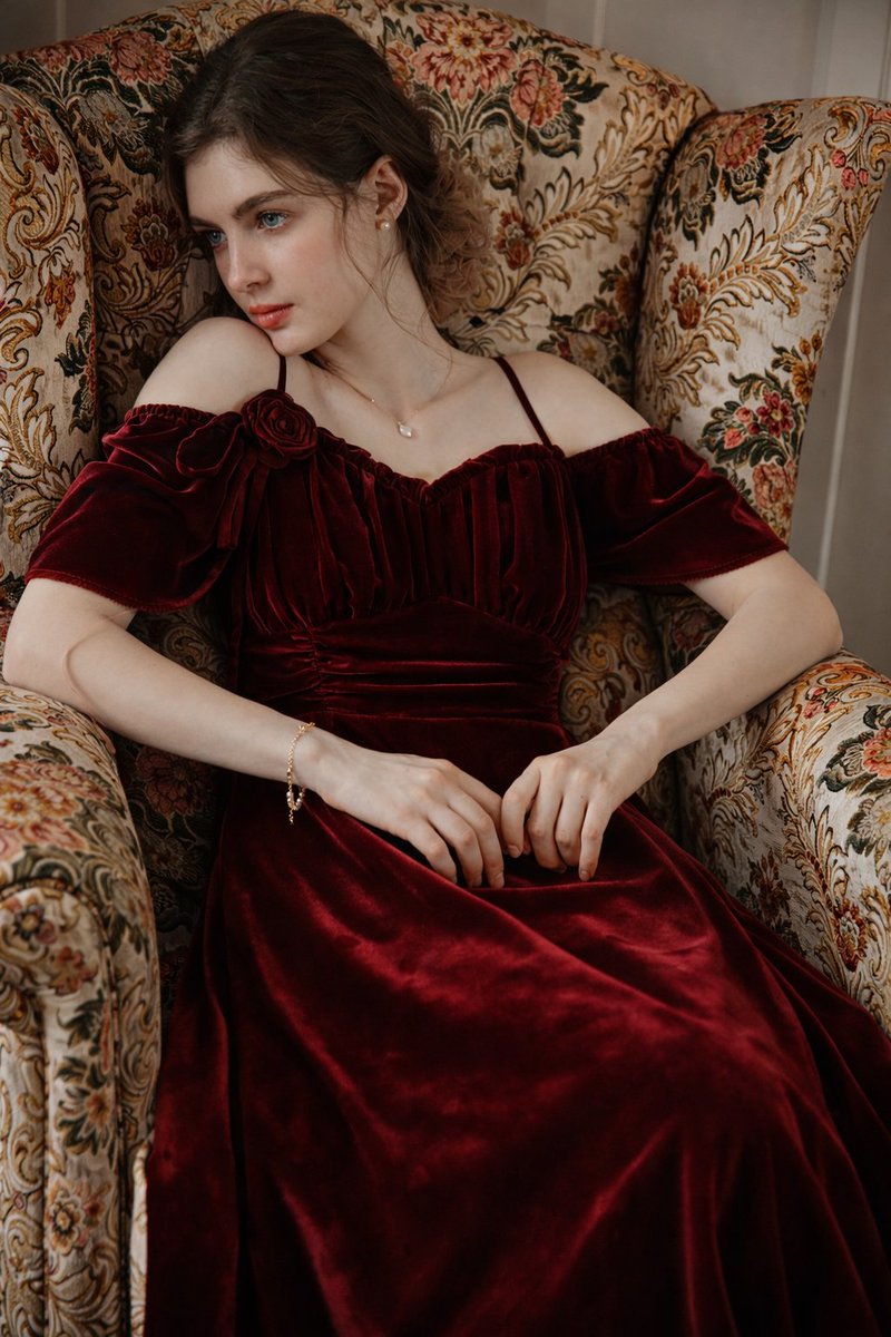 AI Prompt for 8K Photorealistic Fashion Portrait in Burgundy Velvet Dress