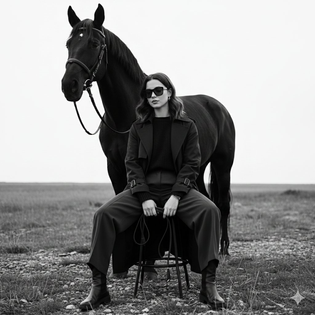 AI Prompt for 90s Fashion Editorial with Horse and Minimalist Landscape Photography