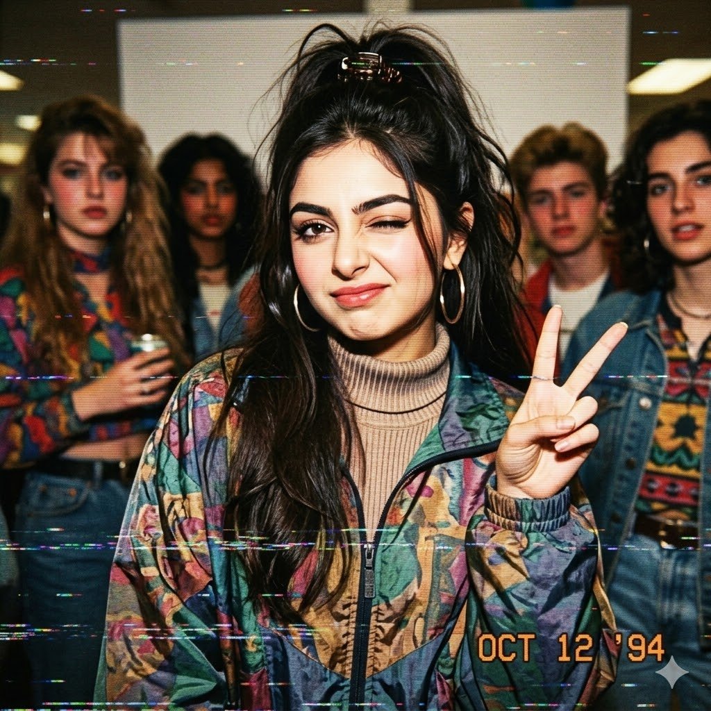 AI Prompt for 90s Mall Teen Portrait in Colorful Retro Clothing