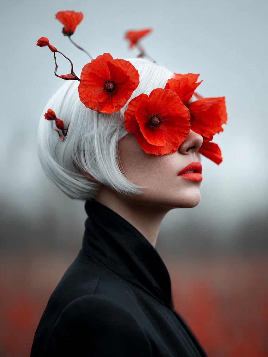 AI Prompt for a Surreal Fashion Portrait with Red Poppies