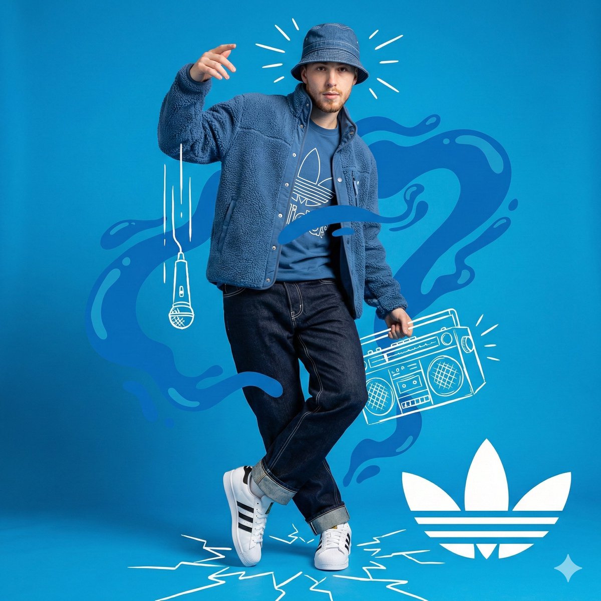 AI Prompt for Authentic Monochromatic Blue Adidas Streetwear Portrait with Abstract Background