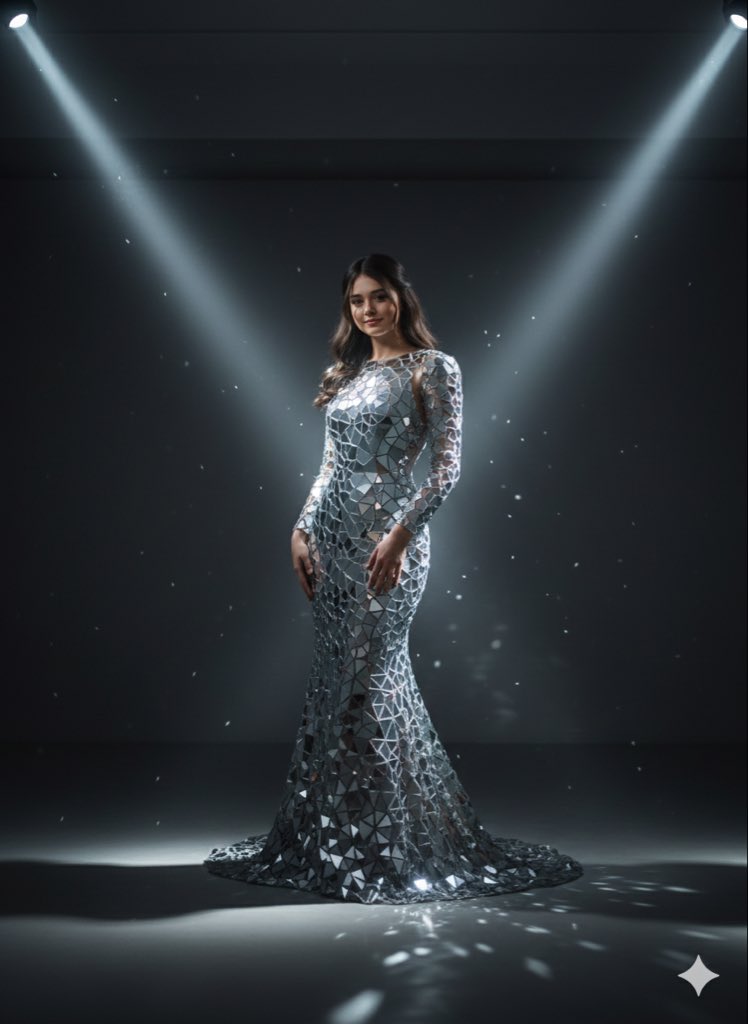 AI Prompt for Avant-Garde Fashion Portrait with Mirror Gown in Dark Setting