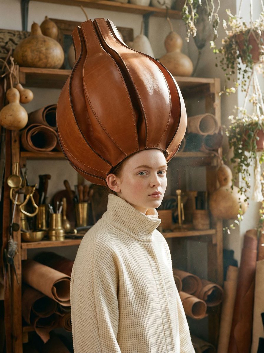 AI Prompt for Avant-Garde Fashion Portraits with Custom Leather Headpieces