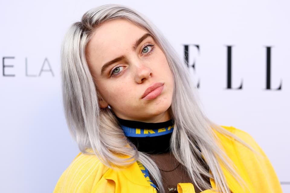 AI Prompt for Billie Eilish-Inspired Streetwear Portrait with Silver-Lavender Hair and Vibrant Yellow Top