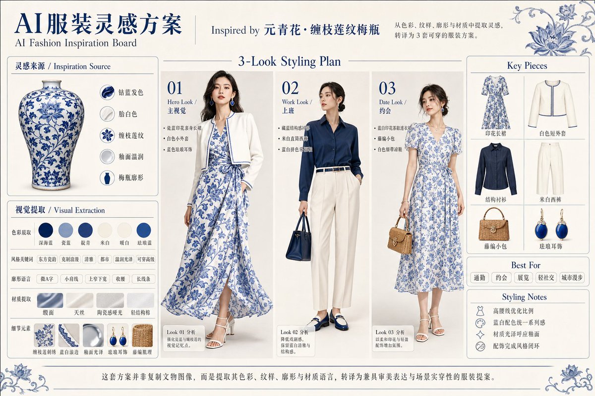 AI Prompt for Blue-and-White Fashion Concept Board with Polished Infographic and Minimalist Design