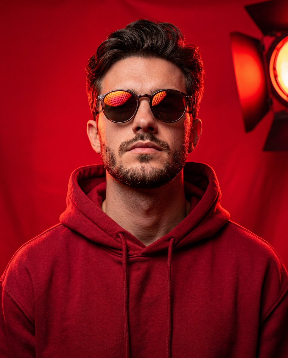 AI Prompt for Bold Studio Portrait with Red Hoodie and Dark Sunglasses for Social Media and Marketing