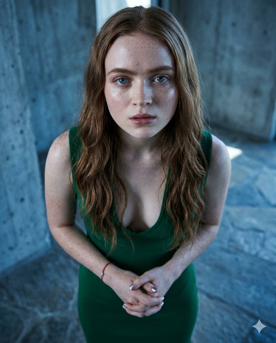AI Prompt for Brutalist Fashion Editorial Portrait with Striking Blue Eyes and Green Dress