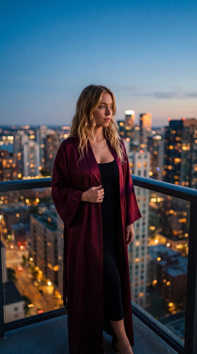 AI Prompt for Burgundy Silk Kimono Portrait on Luxury Balcony Dusk