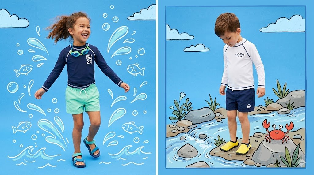AI Prompt for Children's Fashion Editorial Diptych in Blue Background