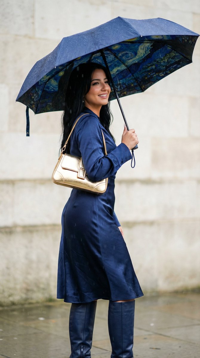 AI Prompt for Cinematic Art-Fashion Editorial Images with Rain and Deep Blue Dress