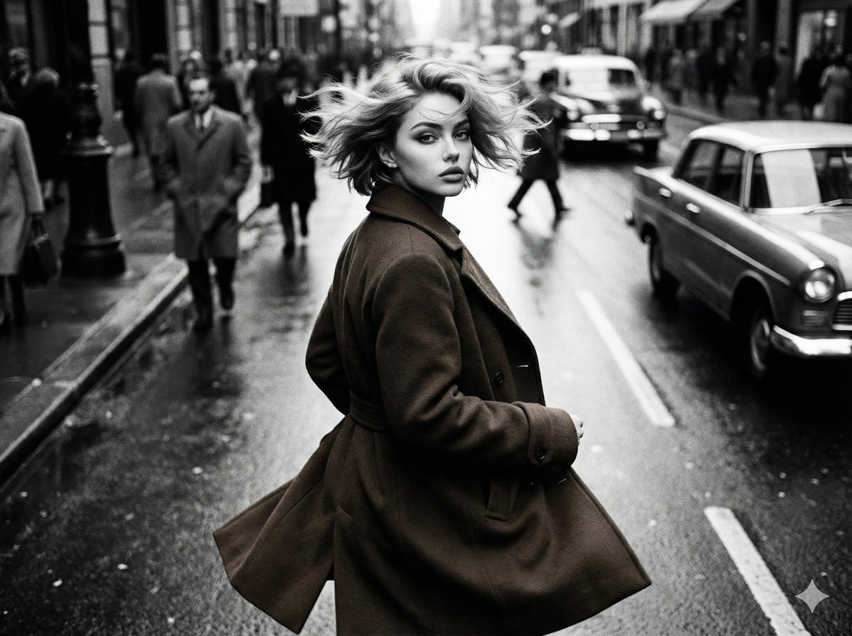 AI Prompt for Cinematic Black and White Street Fashion Photography
