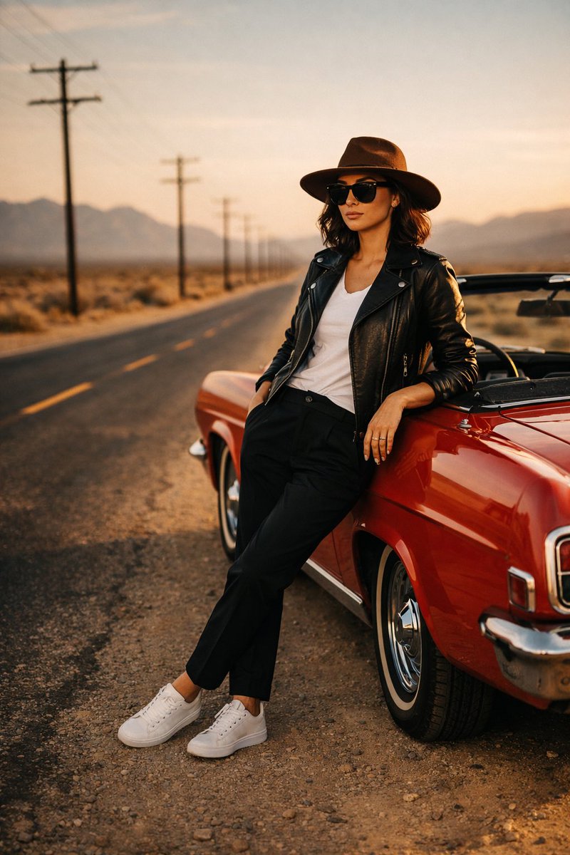 AI Prompt for Cinematic Desert Highway Fashion Portrait - Retro Americana Road Trip Aesthetic