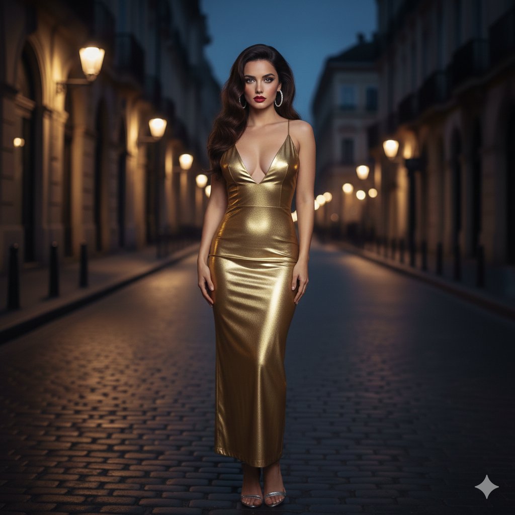 AI Prompt for Cinematic European Night Portrait with Fashion Model under Silver Street Lamps