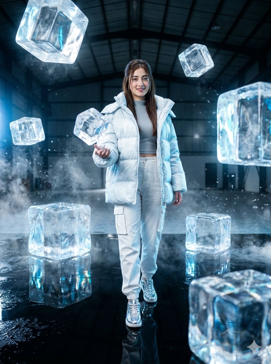 AI Prompt for Cinematic Fashion Photography in a Futuristic Frozen Warehouse