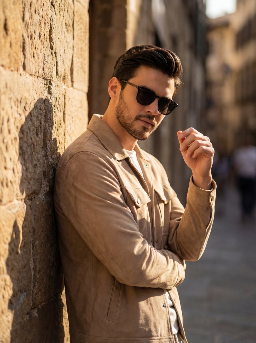 AI Prompt for Cinematic Fashion Photography: Stylish Man in Golden Hour