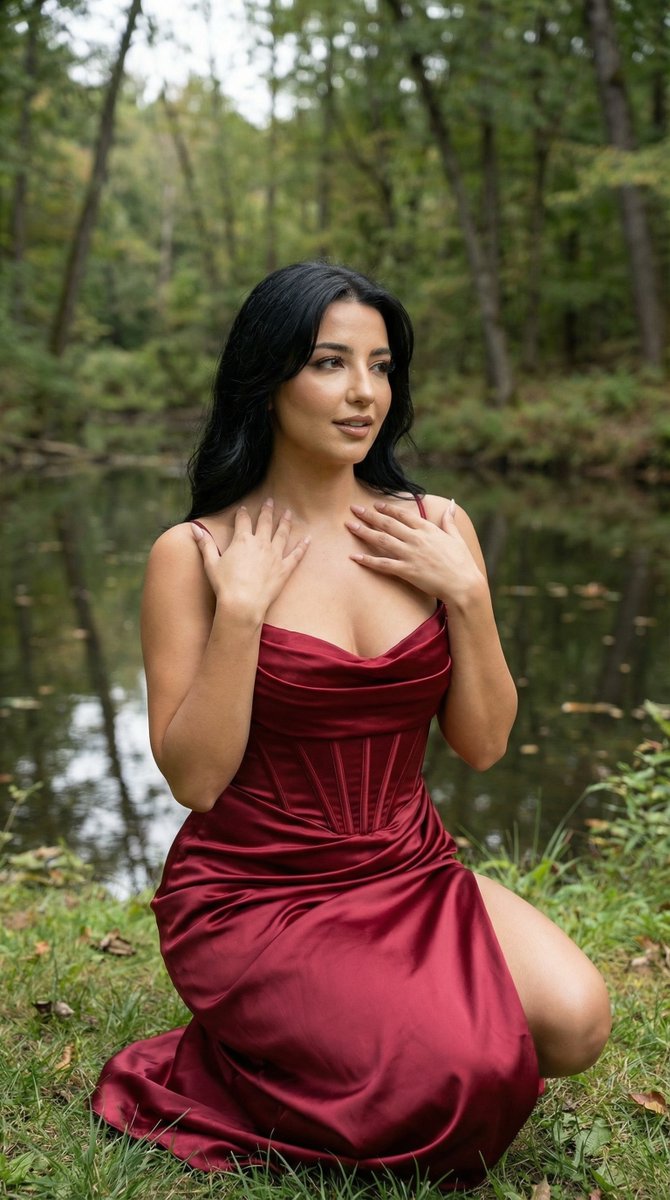 AI Prompt for Cinematic Fashion Photography: Woman in Red Gown by Forest Pond