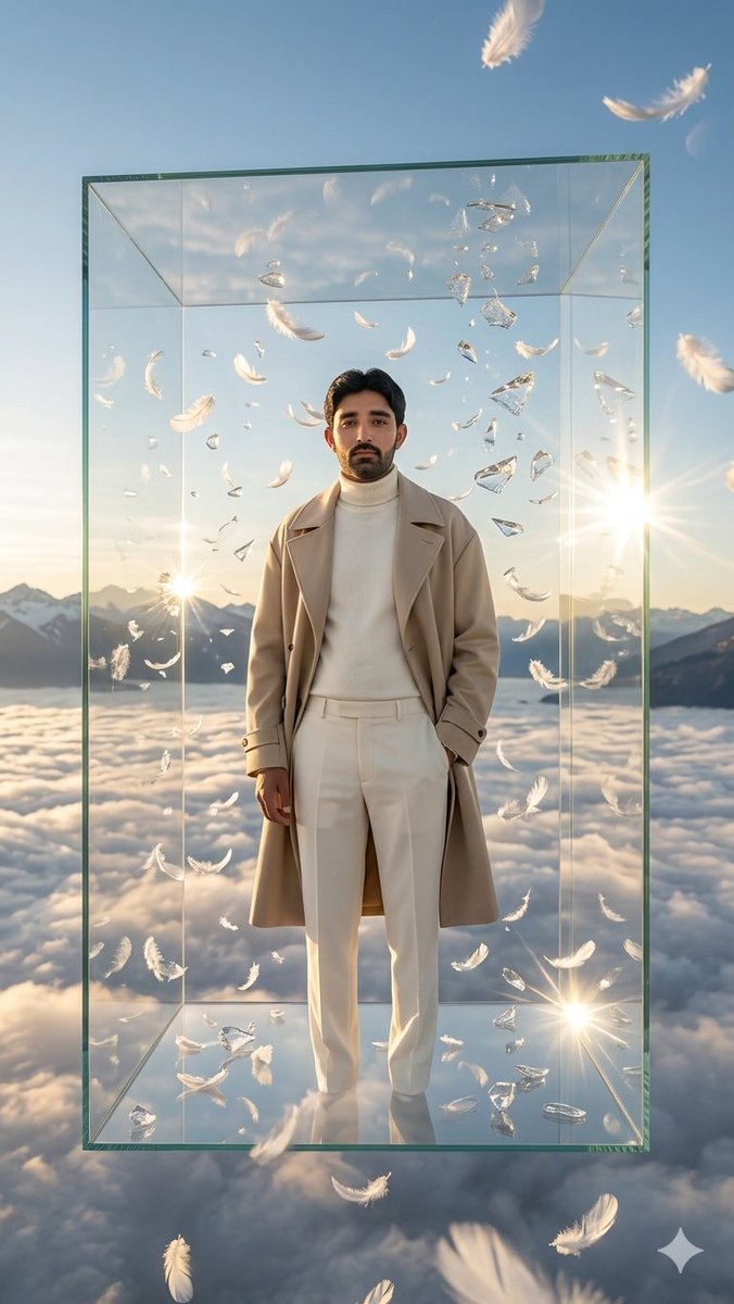 AI Prompt for Cinematic Fashion Portrait: Man in Floating Glass Cube Above Clouds