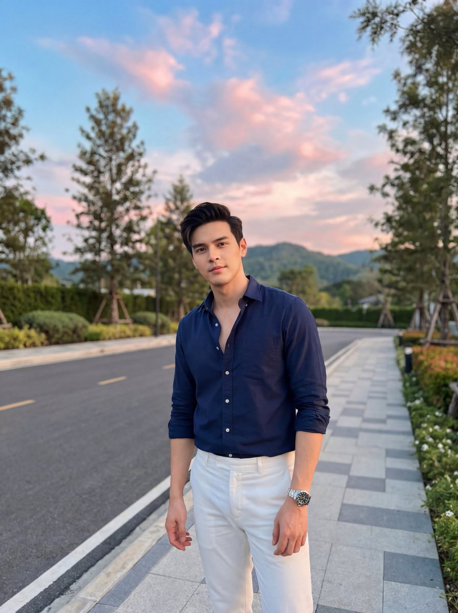 AI Prompt for Cinematic Fashion Portrait of Man on Sidewalk at Sunset