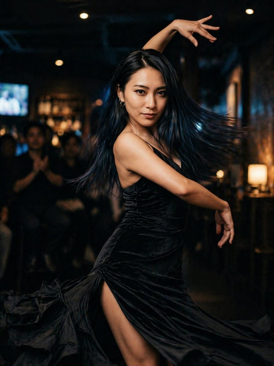 AI Prompt for Cinematic Fashion Portrait of Woman Dancing in Black Dress