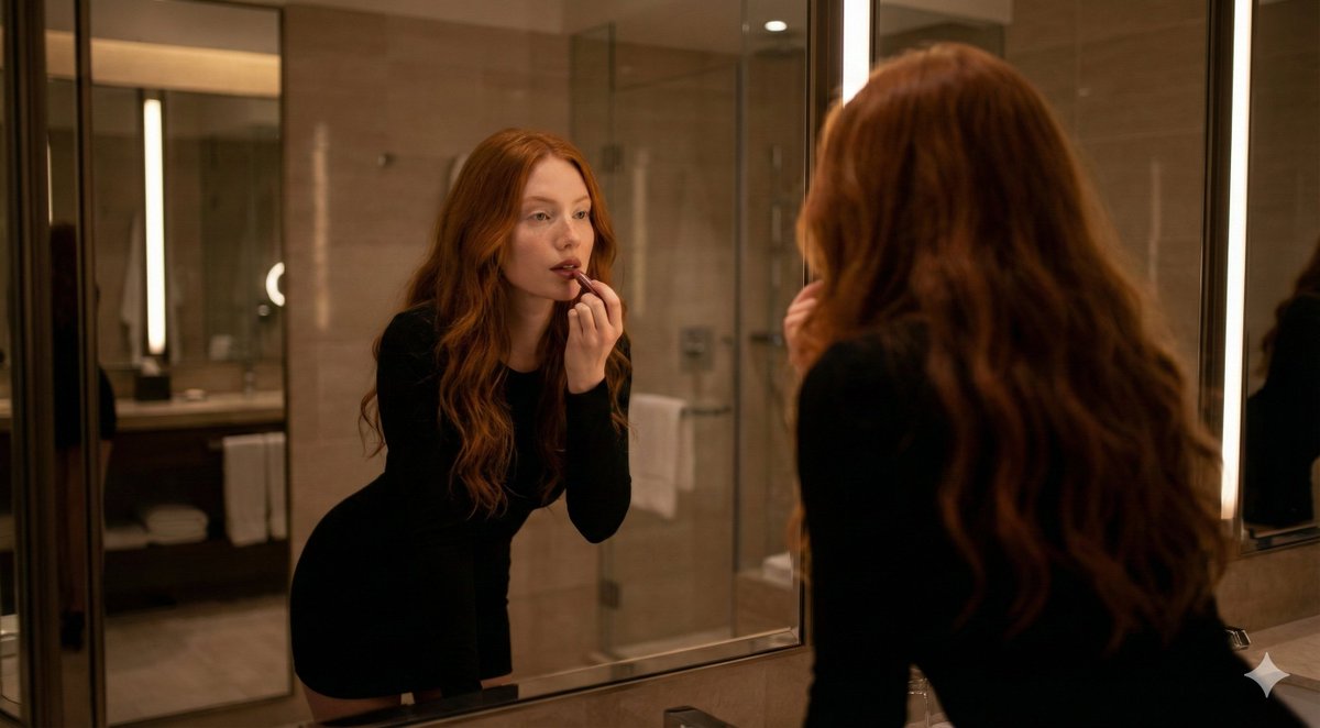 AI Prompt for Cinematic Fashion Portrait with Lipstick Application
