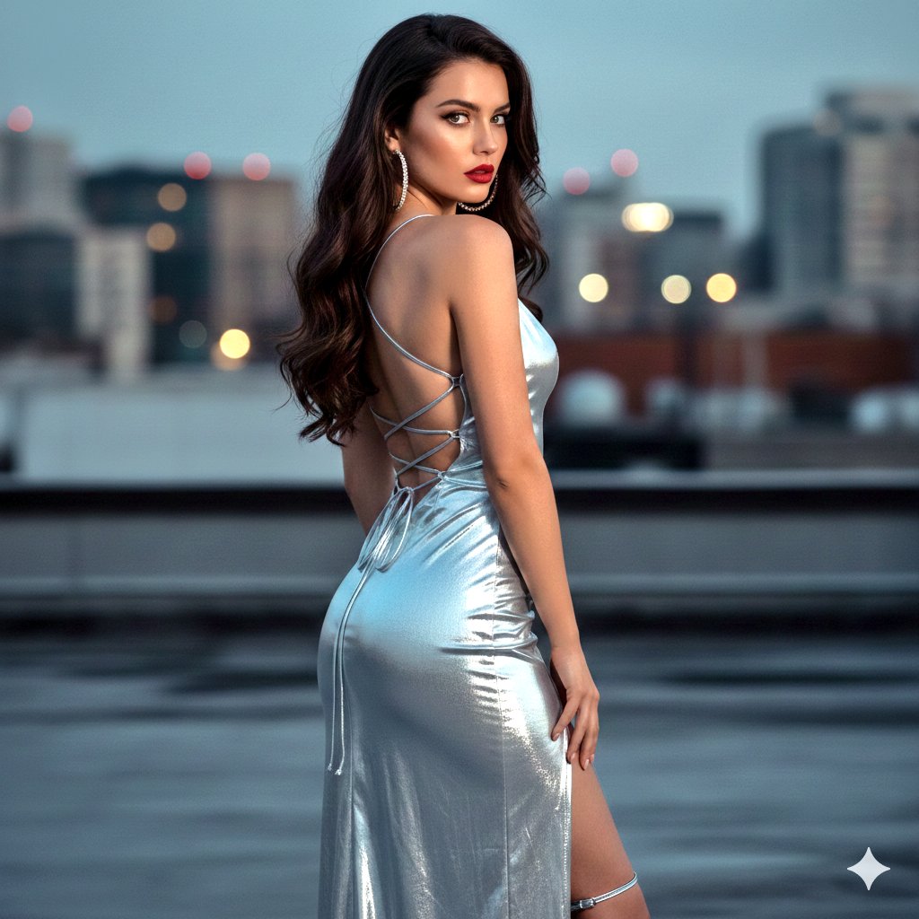 AI Prompt for Cinematic Fashion Portrait with Metallic Dress at Night