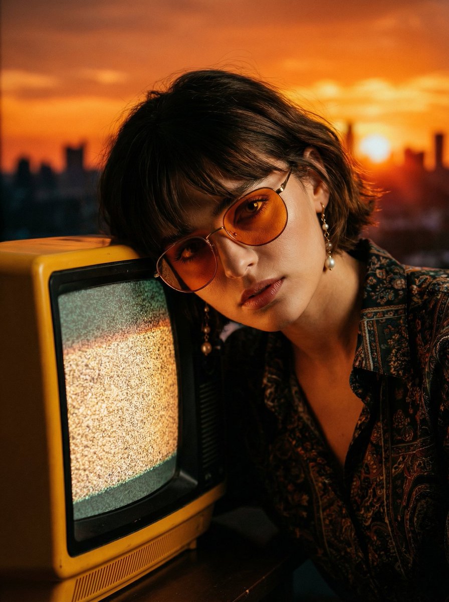 AI Prompt for Cinematic Fashion Portrait with Retro TV and Sunset Background
