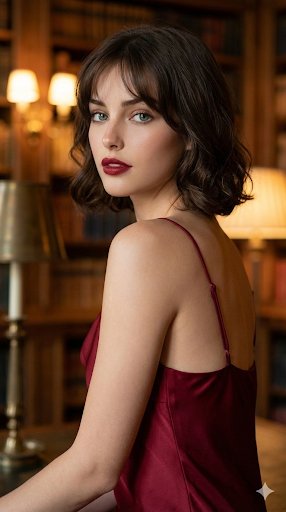 AI Prompt for Cinematic Female Portrait in Red Satin Dress