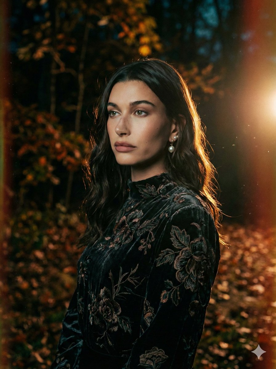 AI Prompt for Cinematic Night Forest Editorial Portrait Photography with High-Fashion Editorial Look