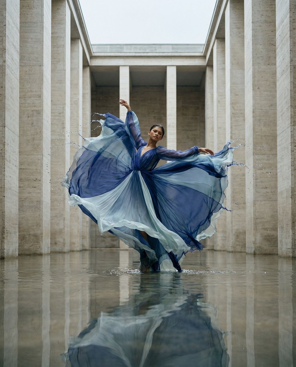 AI Prompt for Cinematic Photography: Symmetrical Motion Portrait with Liquid Physics