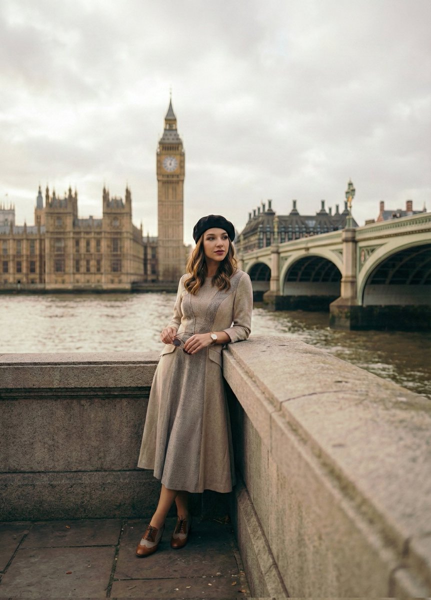 AI Prompt for Cinematic Portrait of Confident Woman beside the Thames River in London