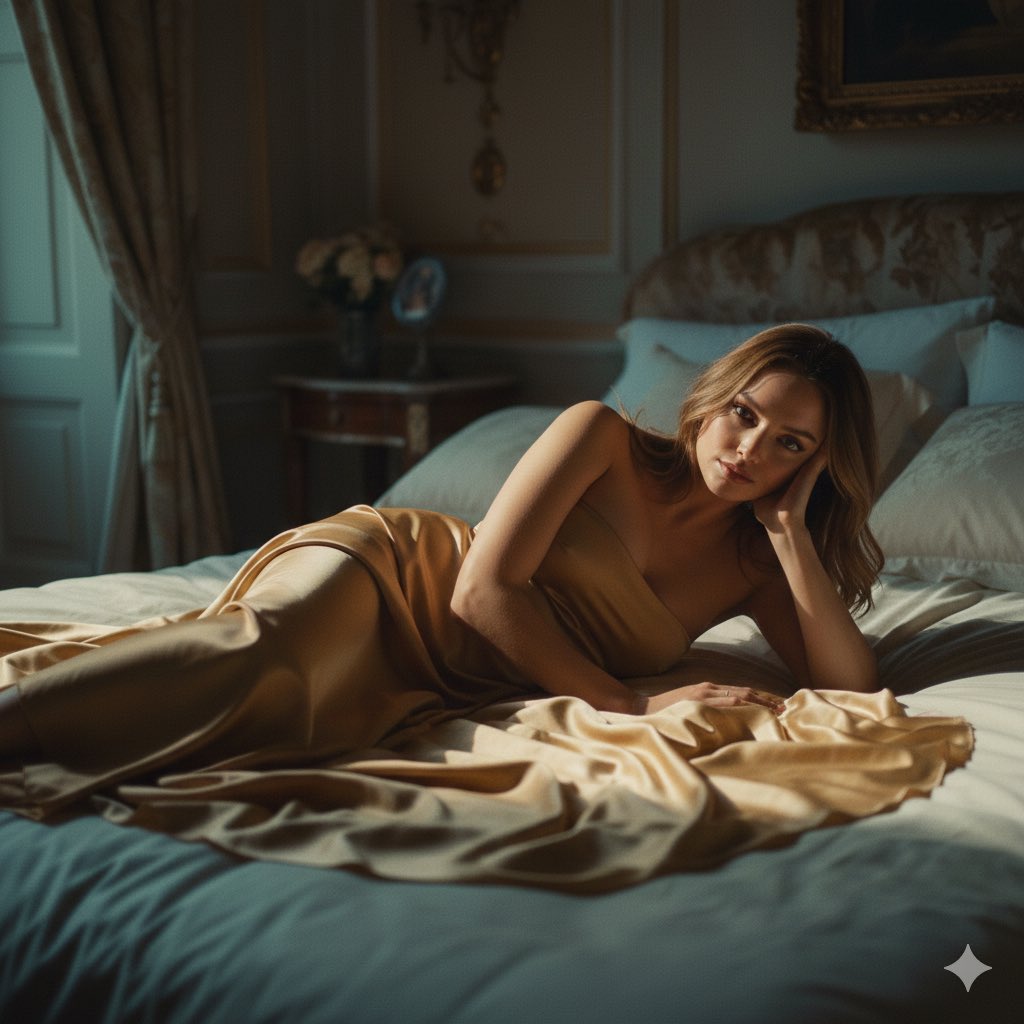 AI Prompt for Cinematic Portrait of Model in Gold Satin Dress