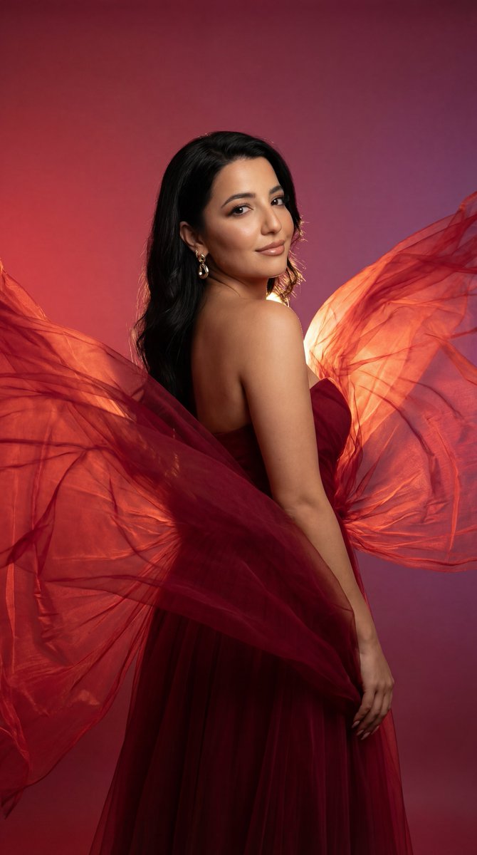 AI Prompt for Cinematic Red Fashion Portrait with Flowing Fabric