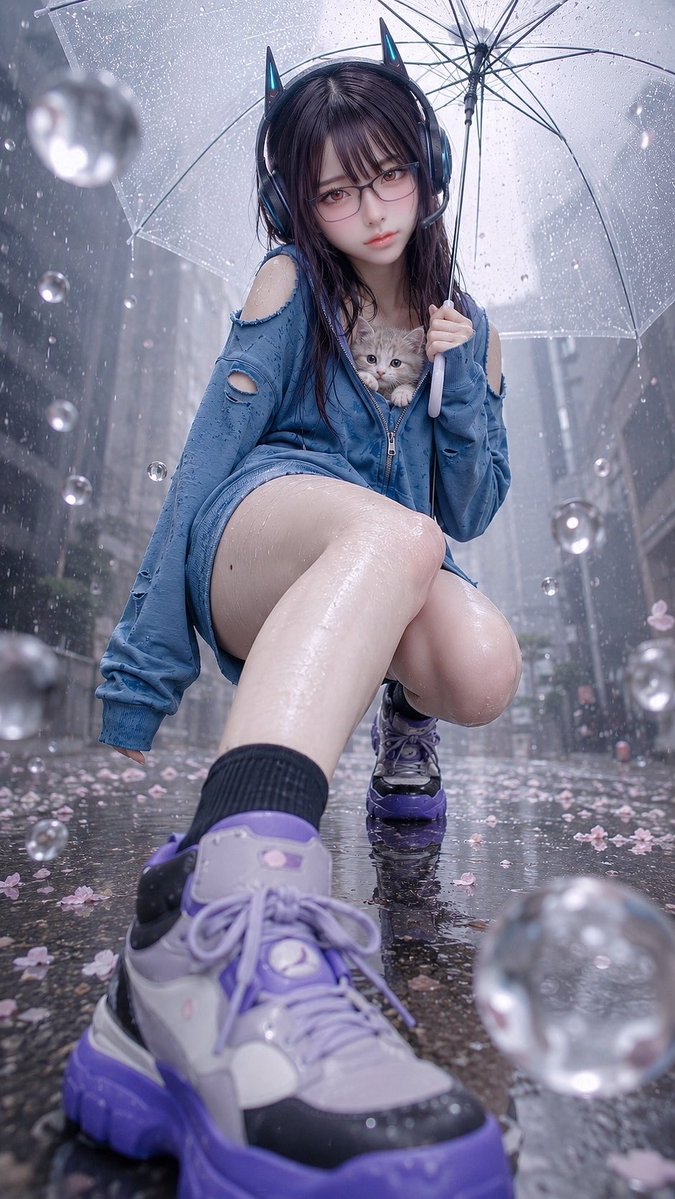 AI Prompt for Cinematic Street Fashion Portrait with Cat-Ear Girl and Kitten