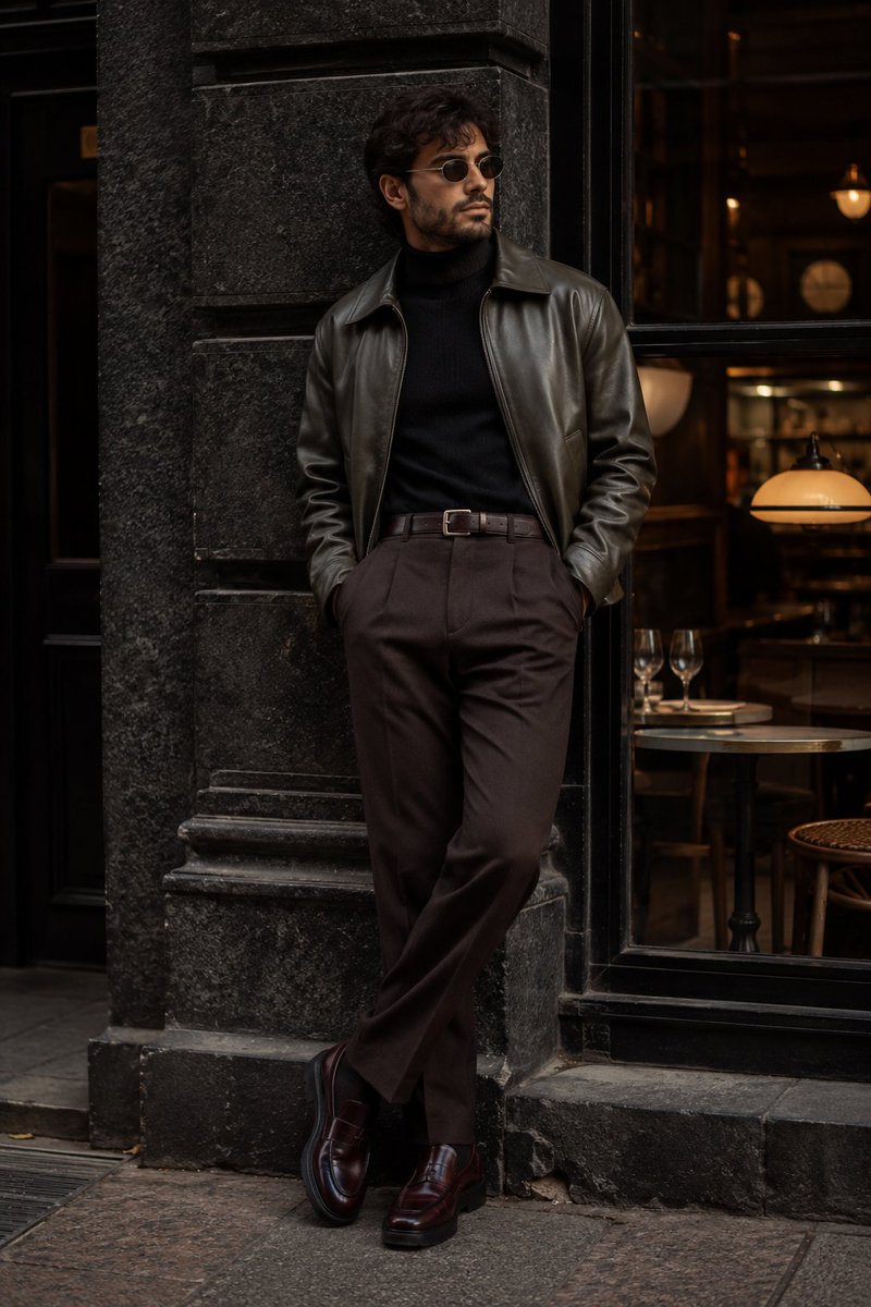 AI Prompt for Cinematic Urban Menswear Portrait with Stone Building Backdrop