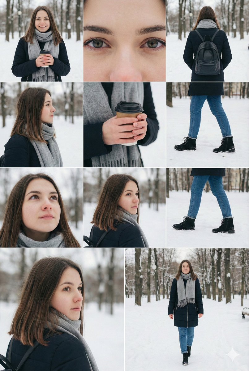 AI Prompt for Cinematic Winter Fashion Photoshoot: High-Res 9-Panel Collage Style for Nano Banana Pro