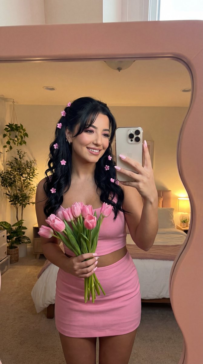 AI Prompt for Coquette Style Mirror Selfie with Pink Flowers and Accessories