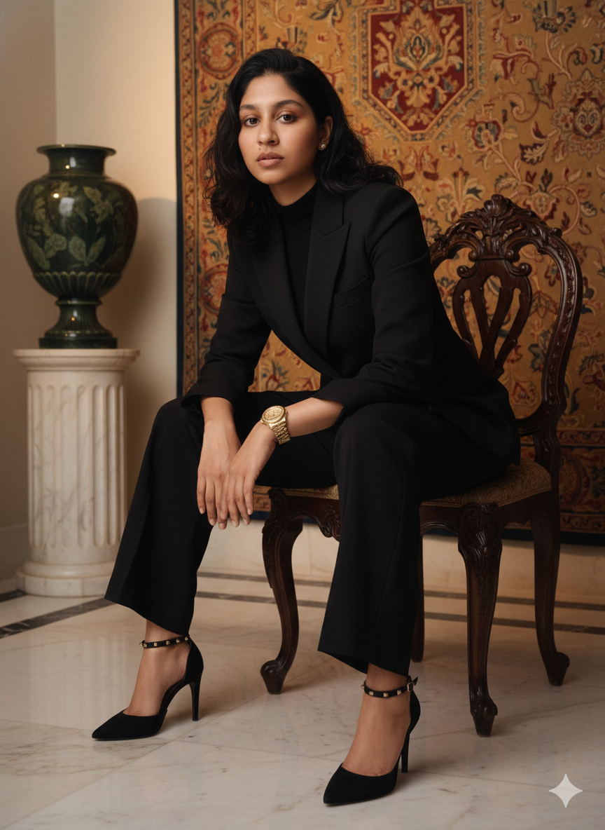 AI Prompt for Custom Female Portrait in Black Pantsuit Luxury Setting