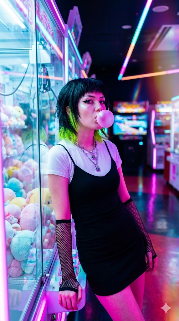 AI Prompt for Cyberpunk E-Girl Portrait in Neon-Lit Japanese Arcade