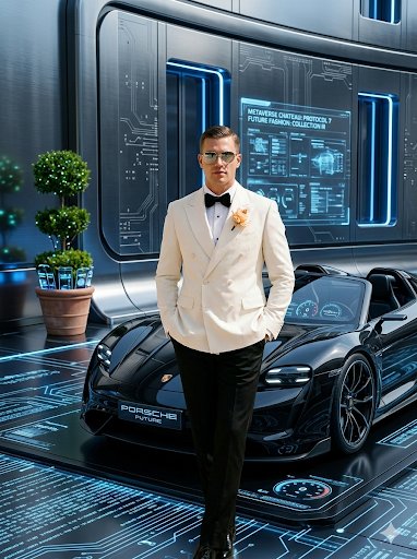 AI Prompt for Cyberpunk Fashion Editorial Portrait with Aviator Sunglasses and Super Car