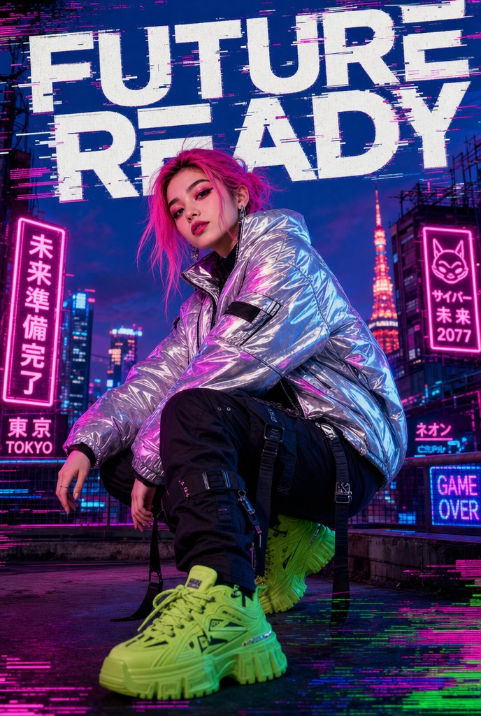 AI Prompt for Cyberpunk Fashion Poster with Model on Tokyo Rooftop