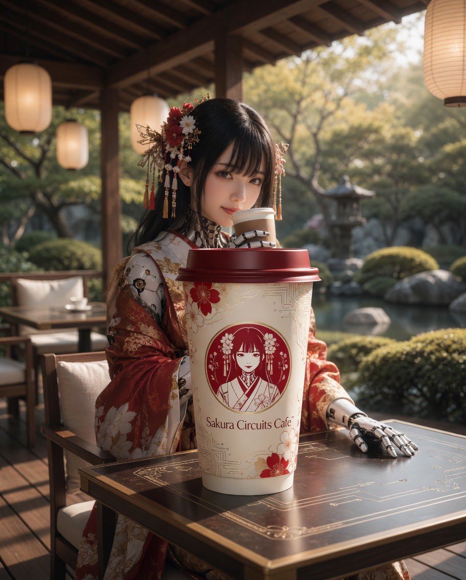 AI Prompt for Cyberpunk Portrait with Anime-Inspired Kimono in a Digital Café Scene